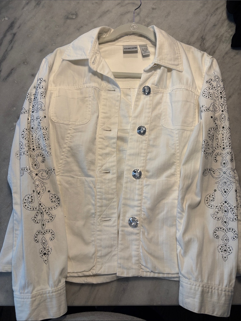 Chico's White Denim Jacket with Crystal Buttons